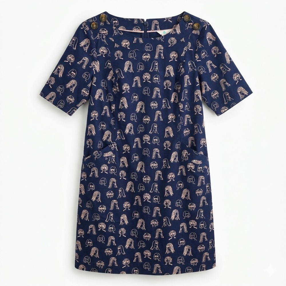 Boden Iona Dress Navy Blue Pink Faces Print Shift Pockets 10P‎ Petite
